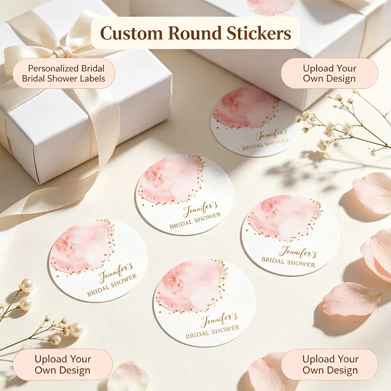 Custom Blush Pink Gold Confetti Round Stickers Personalized Name Pastel Pink Splash Glitter Dots Gift Box Packaging Stickers
