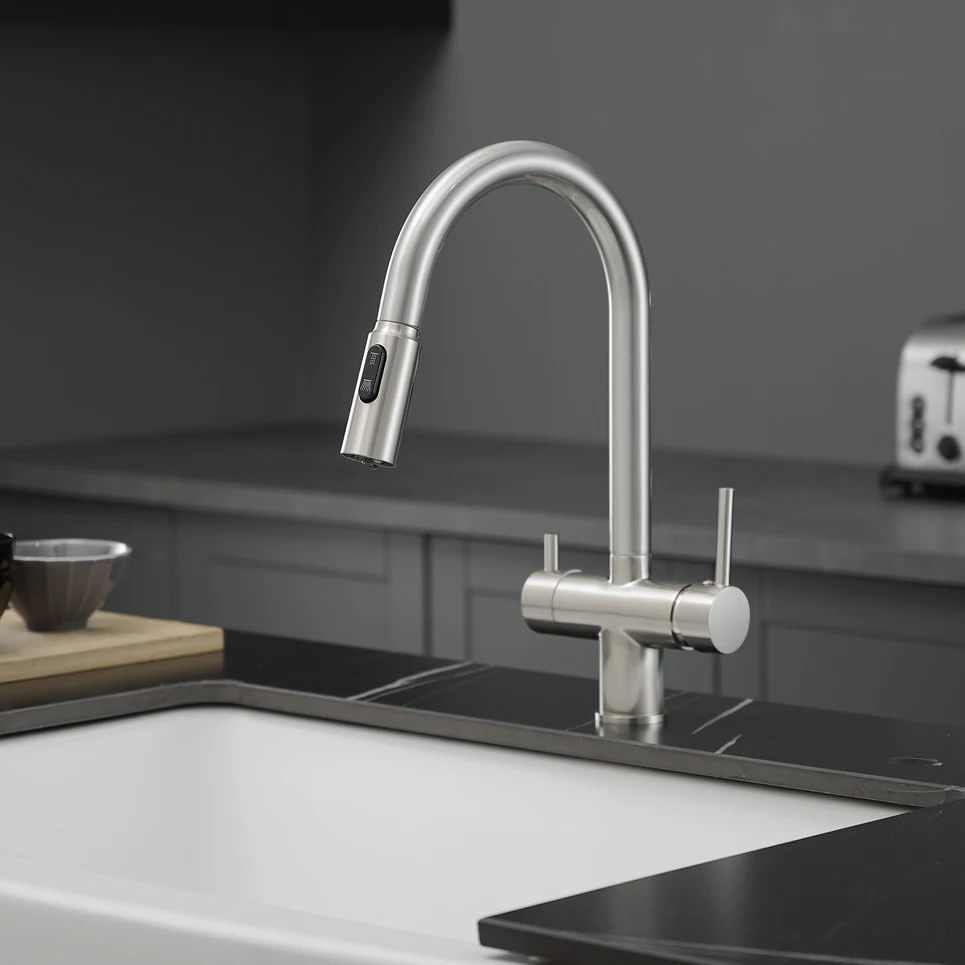 Newly Pull Out Filter Kitchen Sink Faucets Solid Brass Hot Cold Pull Down Sprayer Kitchen Mixer Tap 3 Ways Purified Water Faucet
