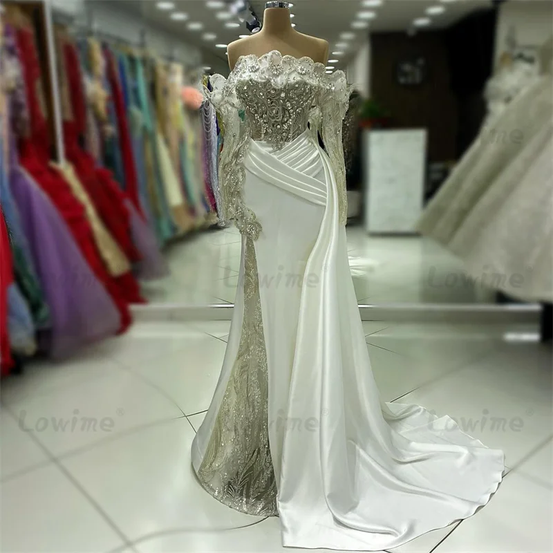 Robe De Soiree 2025 Ivory Long Sleeves Off The Shoulder Prom Dresses Customized Crystals Handmade Flower Wedding Party Dresses