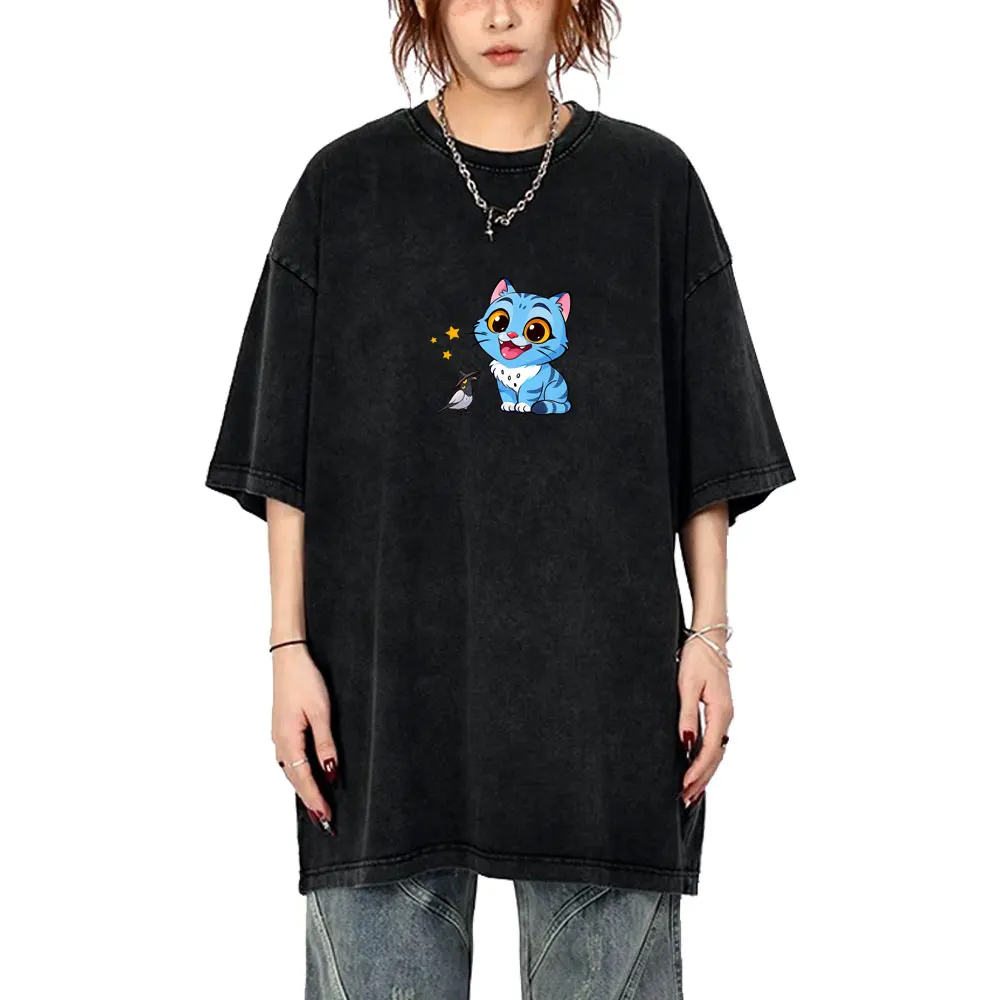 

Movie Kpop Demon Hunters Derpy Tiger Washed Vintage T-shirt Men Women Casual Oversized T Shirts Men's Fashion Cartoon Streetwear