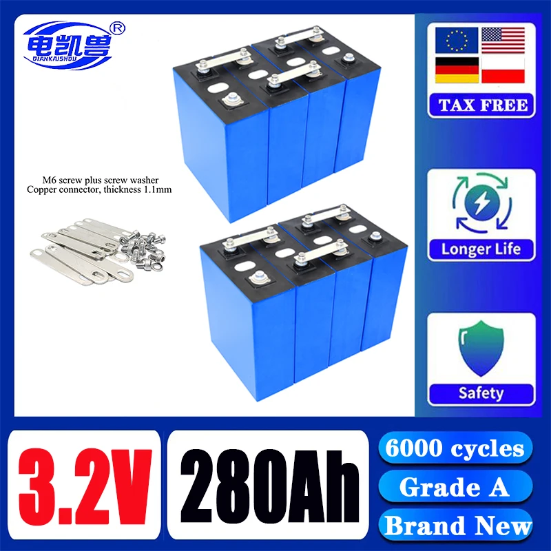 

A-grade 3.2V 280Ah LiFePO4 rechargeable battery with 6000 cycles suitable for DIY 12V 24V 48V solar system tax-free