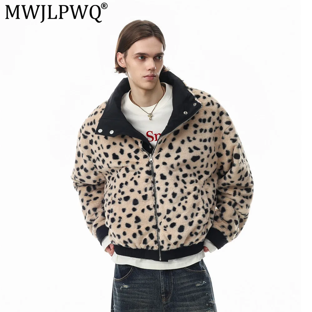MWJLPWQ Men's Reversible Stand-Collar Cotton Jacket Winter Trendy Polka Dot Camouflage Faux Mink Fur High-Neck Loose Coat 21344