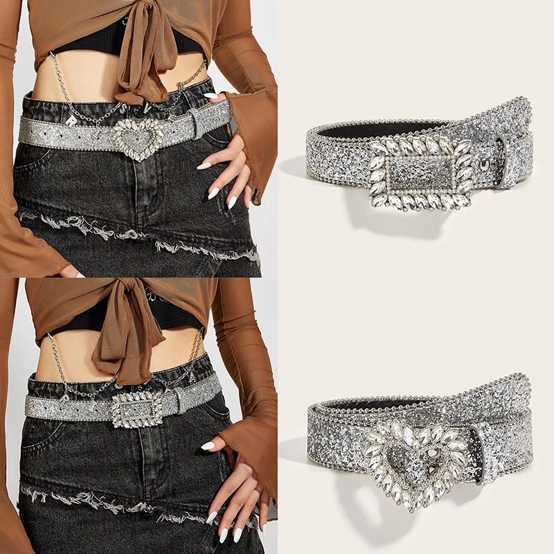 

Y2k Rhinestone Buckle Belt For Women Men Waist Strap Western Cowgirl Cowboy Shiny PU Leather Belt Decorative Waistband