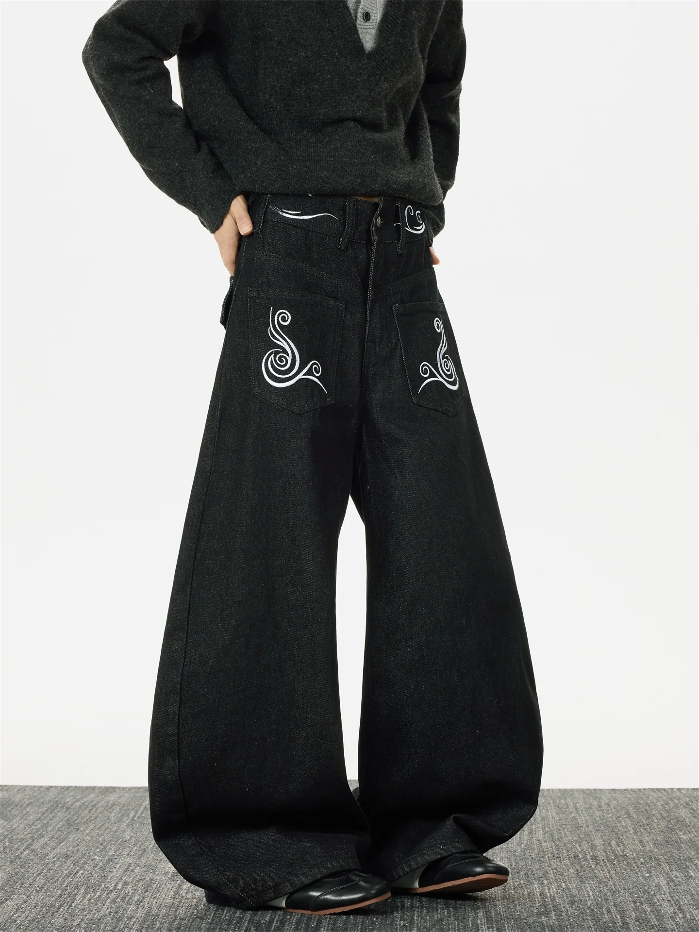 

Trendy Embroidered Hip Hop Waed Wide Leg Men's Jeans American Retro k Street Loose Banana Long Pants Casual Straight Cut