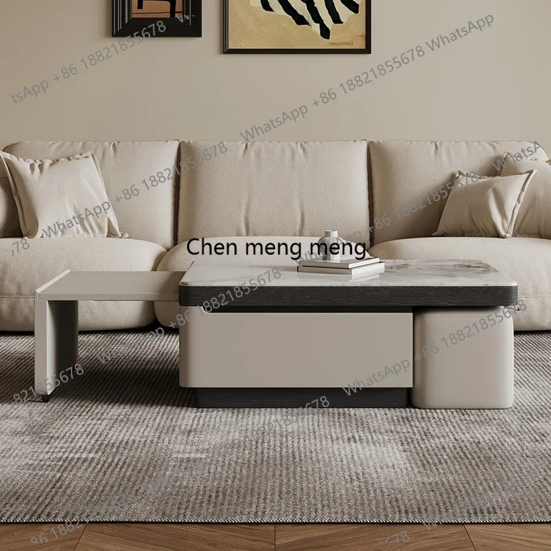 RR Modern Expandable Living Room Center Table with Hidden Stools Simple Coffee Table for Small Space Tea Tables with Storage Dra