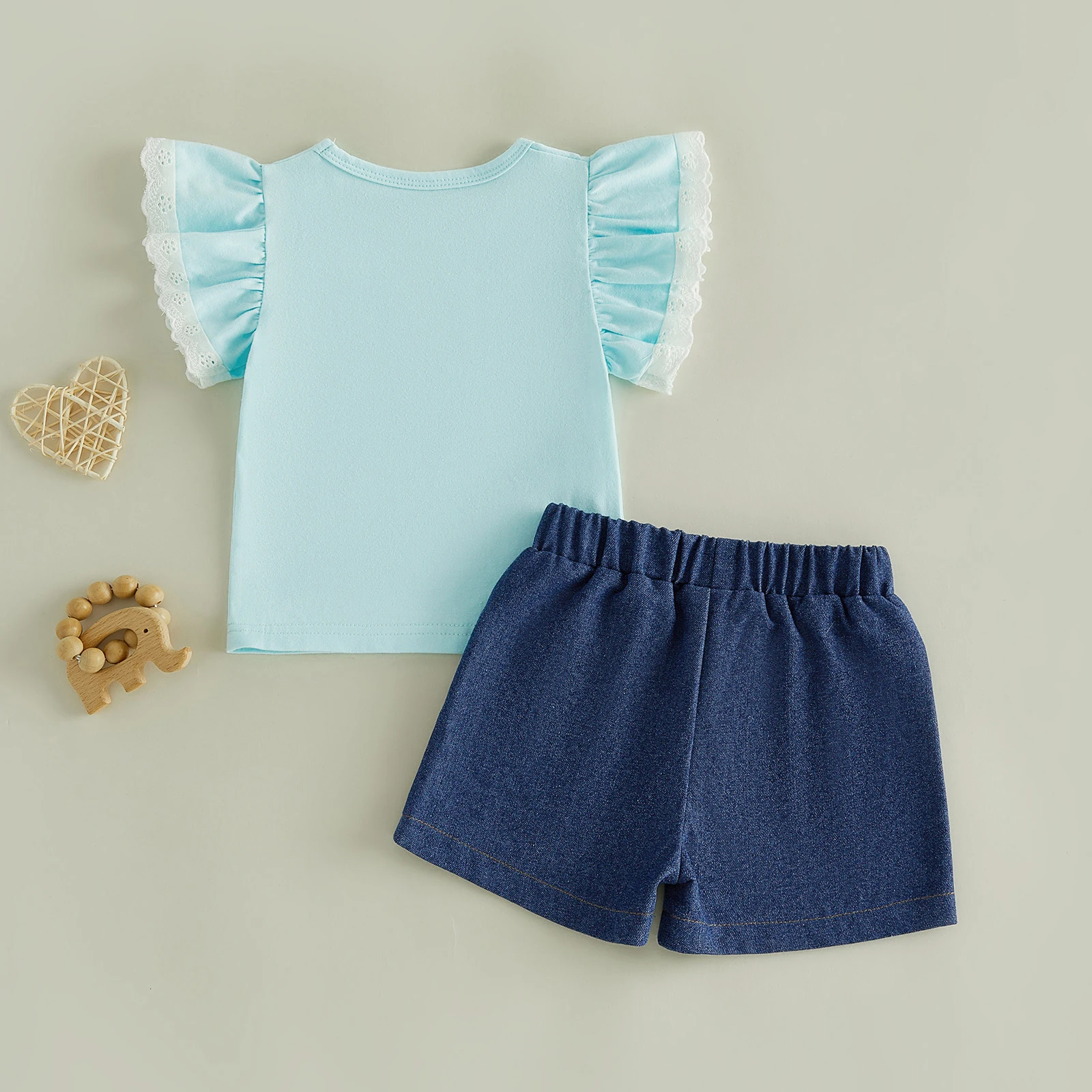 3-8Y Toddler Girls Back to School Outfit Cute Pencil Bow Print Flutter Sleeves T-Shirt Elastic Denim Shorts Children's Set
