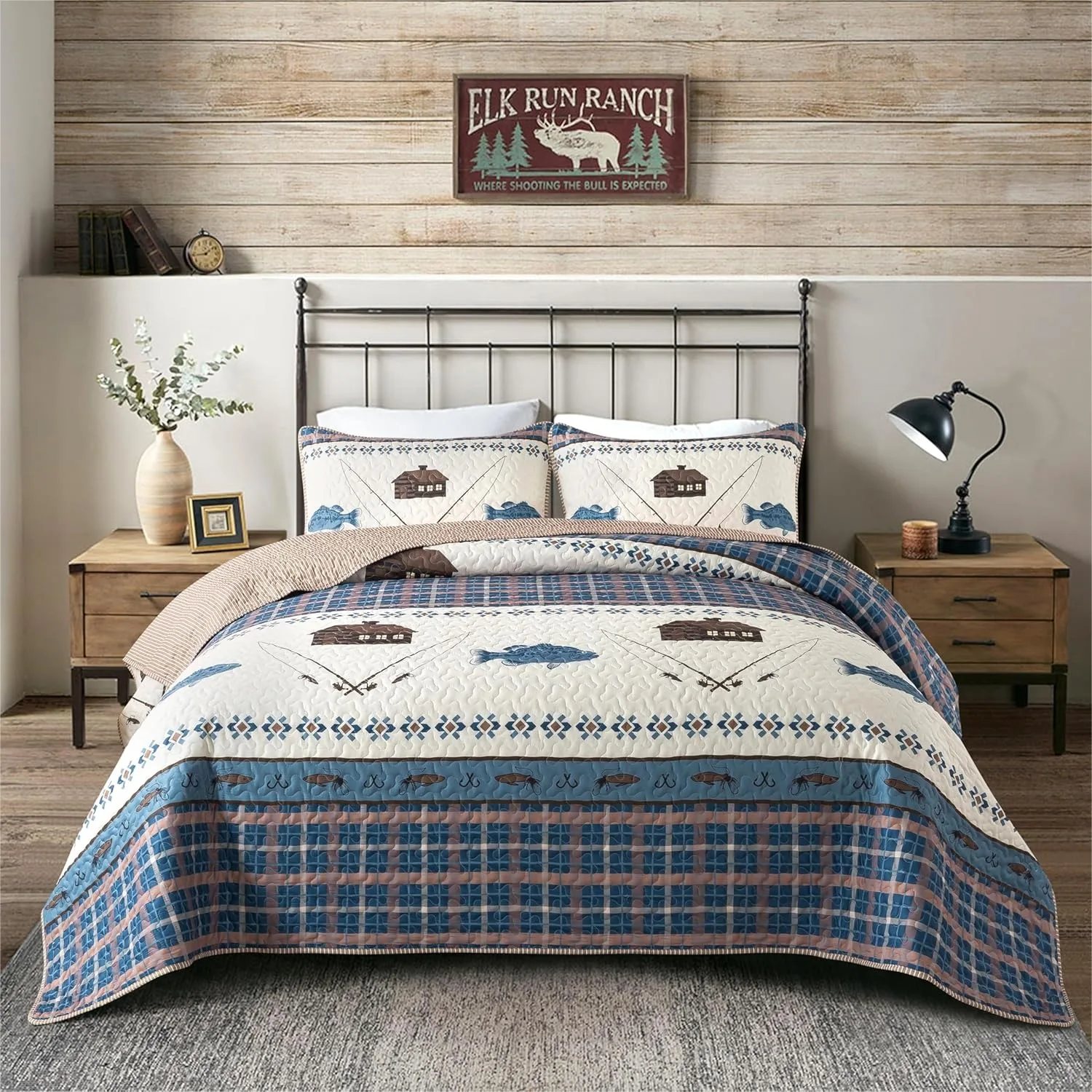 Gone Fishing Quilt Set Twin with Sham, Rustic Cabin Outdoor Themed Fish Bedding, Blue Lakehouse Quilted Bedspread