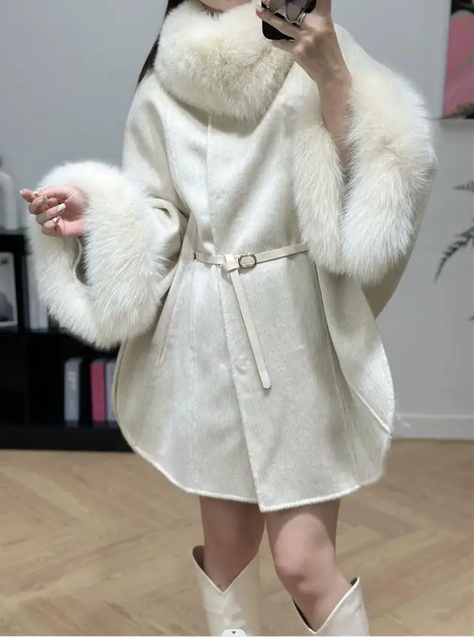 2023 New Arrivals Women Wool Cape Fashion Cashmere Wool Poncho Lady Real Fox Fur Cloak Streetwear Shawls Fur Poncho