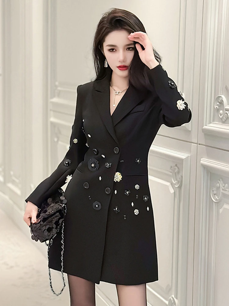 Exquisite Luxury Black Suit Coat Women\'s French Diamond Sequin Flower OL Professional Business Jacket Femme Outerwear Party Tops