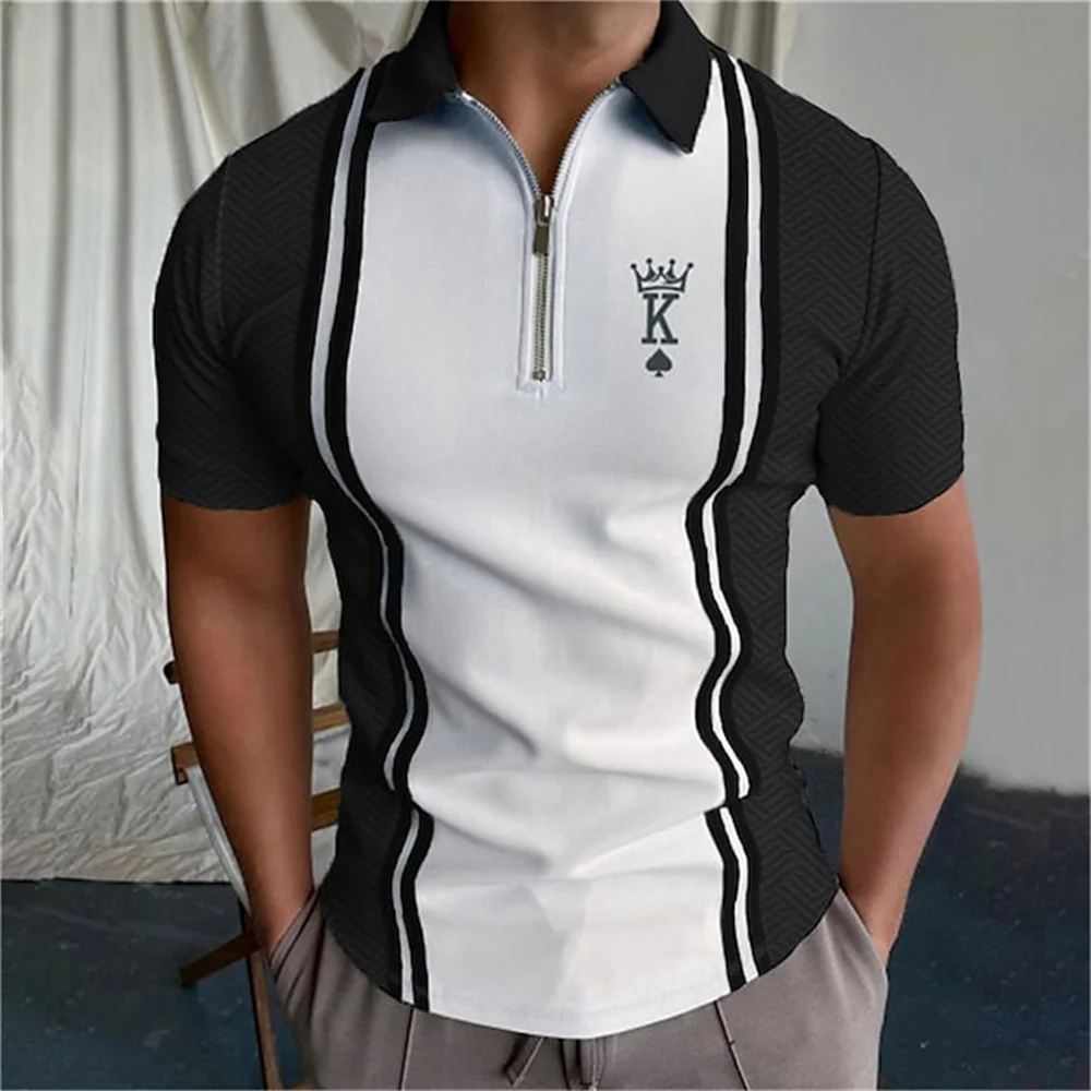 Camisetas de póker para hombre, Camisa lisa de manga corta con cuello vuelto, con cremallera y letras de Golf, holgada y transpirable