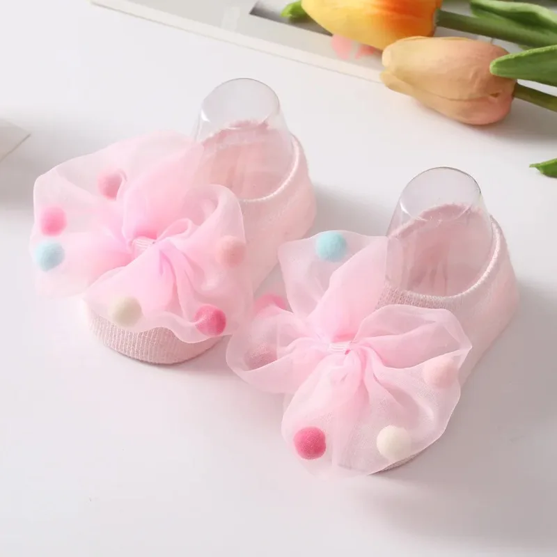 Baby Girl Home Short Socks Lace Bow Infant Anti Slip Trampoline Socks Newborn Princess Ankle Socks Children Floor Shoes