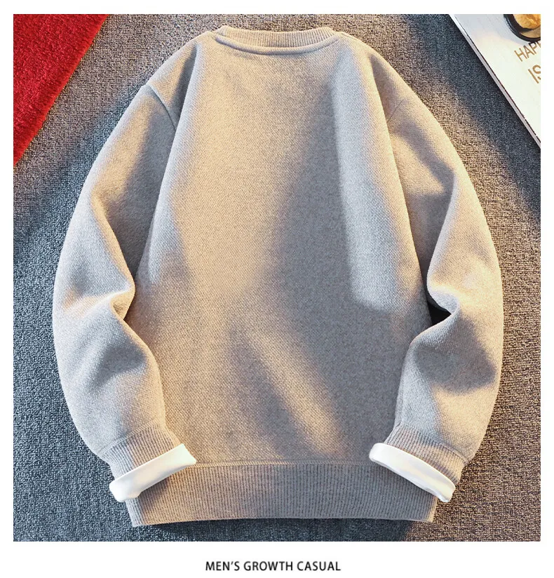 Lässiger Pullover für Herren, dicke Fleece-Pullover, gestricktes Oberteil, Kleidung, Rundhalsausschnitt, gestrickte Pullover, modische Sweatshirts – Detail 7