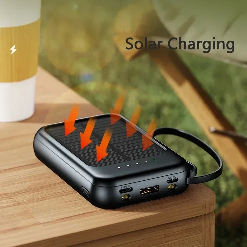 Banque d'alimentation solaire portable avec lumière LED intégrée, batterie externe, charge super rapide, 4 câbles, 20000mAh