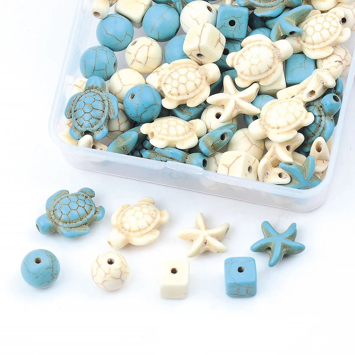 80Pcs Mixed/Box Turquoise Stone Beads White Blue Starfish,Turtle,Square,Round For Loose Beads Bracelets Necklace Jewelry Making