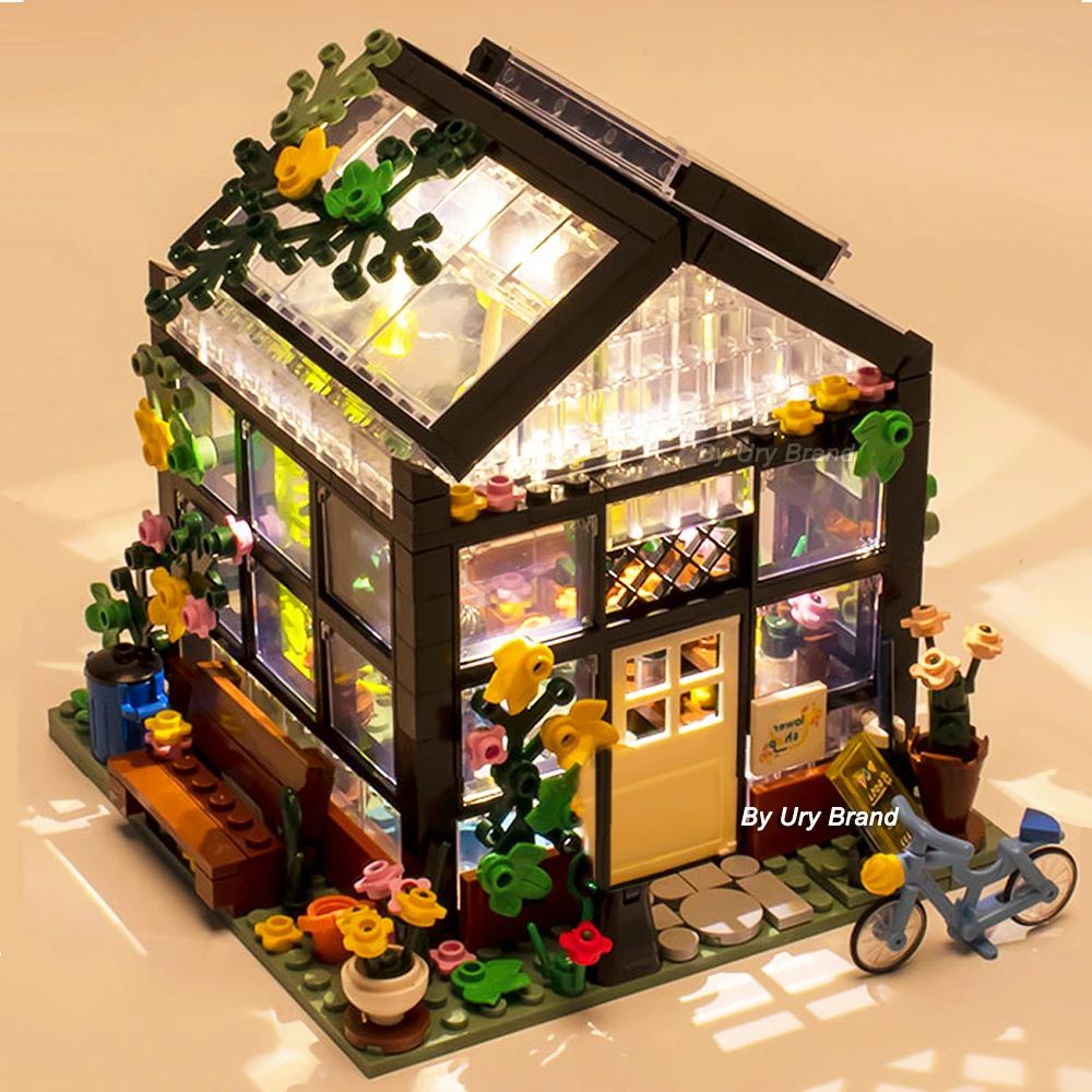City Street View Creative House Coffee Shop Flower Store Architecture Building Block Bricks with LED Light Sets Toys for Girls