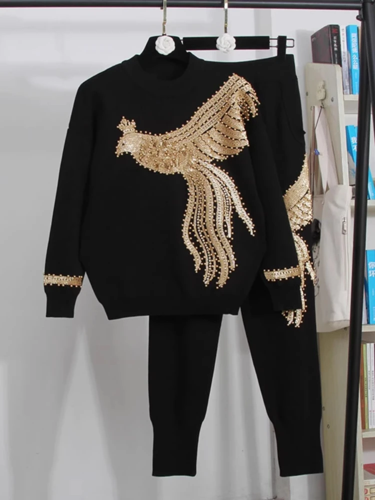 2026 New Knitted Suit Women's Spring Autumn Fashion Retro Sequin Stitching Knitted Sweater Casual Trousers 2-Piece Suit Trendy