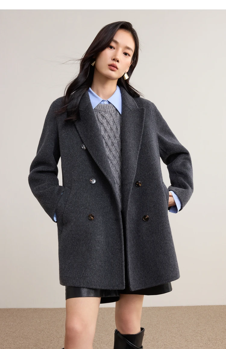 SENTUBILA Damen-Wintermantel aus Wolle mit Doppelreiher, Damen-Oberbekleidung 2026, Business-Mantel für Pendler, mittellanger Mantel mit Gürtel W54OA8781 – Detail 34