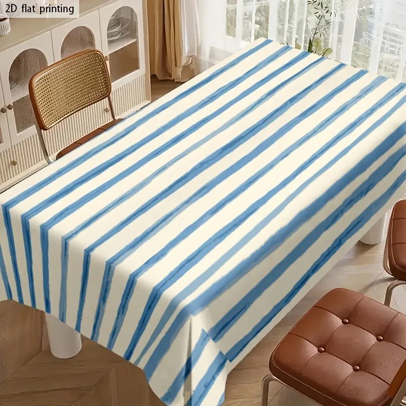 1pc 2D Tablecover, Soft, Stylish, and Beautiful Blue and White Striped Tablecloth, Machine Washable and Reusable, for Dining Tab