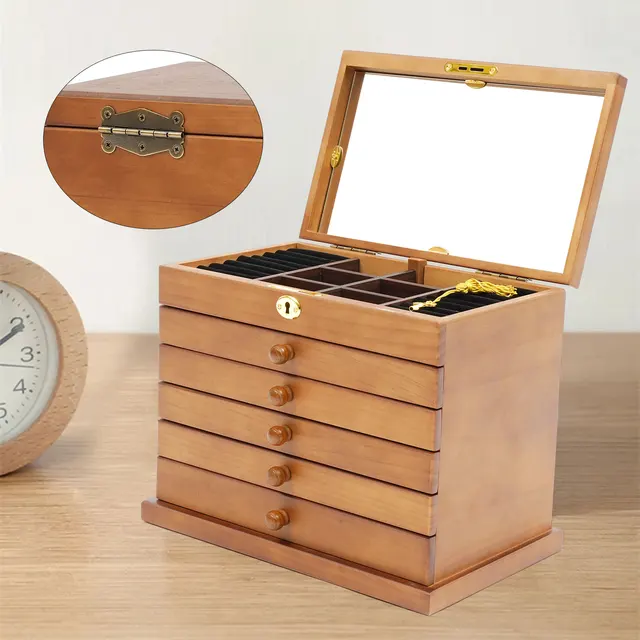 6-poziomowe drewniane pudełko do przechowywania biżuterii - Vintage organizer biżuterii z lustrem i zamkiem na kolczyki pierścionki naszyjniki zegarki