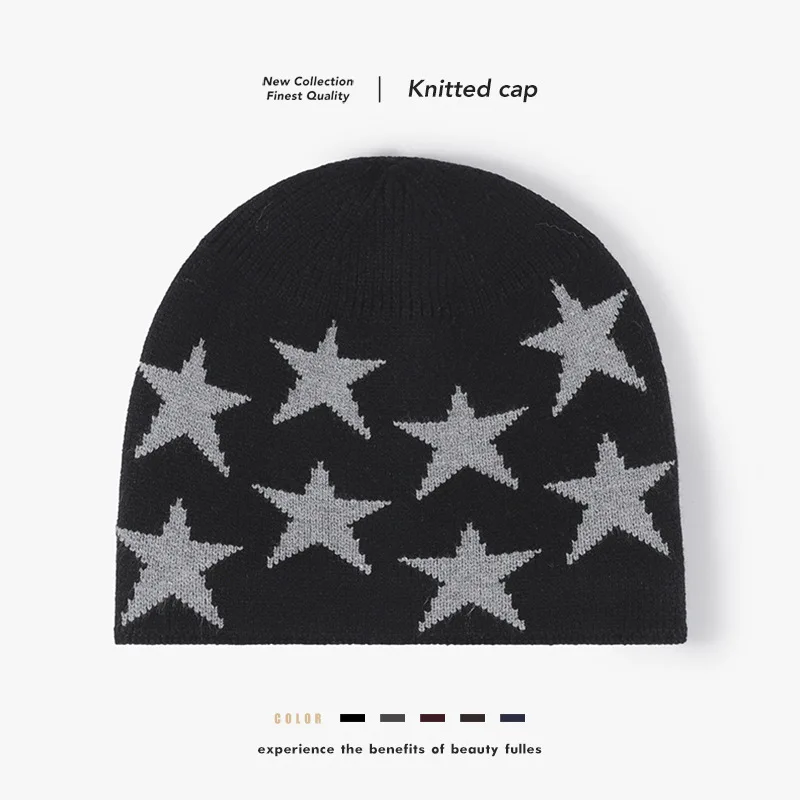 Winter Keep Warm Hat New Soft Five-Pointed Star Fleece Lined Thickened Snug Men Beanie hat Female No Eaves Outdoor Knitted hat