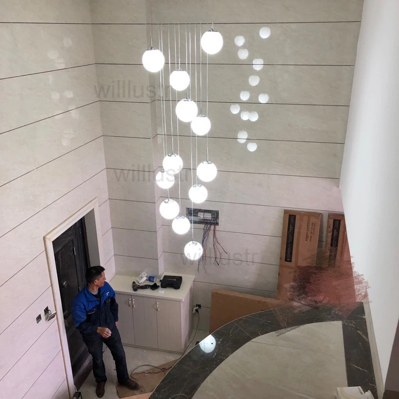 Glass Globe Ball Pendant Lamp Round White Full Moon Chandeliers Suspension Light Villa Mall Hotel Hall Duplex Staircase