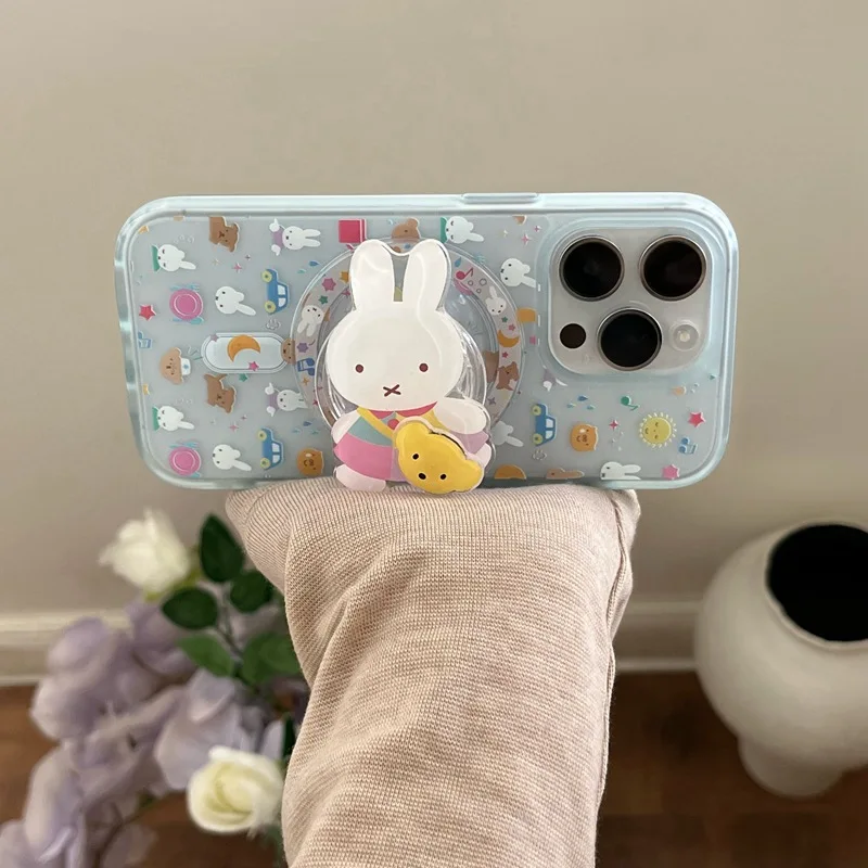 Custodia per telefono Miffy con supporto Kawaii Miffy Rabbit adatta per Iphone 15 Custodia per cellulare Cartoon Rabbit Staffa magnetica per rotazione