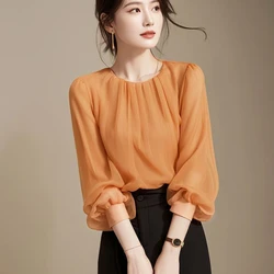 French Style Exquisite Long Sleeved Orange Top Women's New Style Temperament Small Shirt This Year's Popular Chiffon Shirt