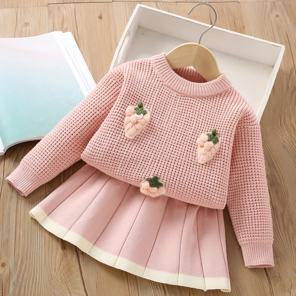 Girls Sweater Dress Set Fruit Strawberry Girl Knitted Skirt Children Two-piece Skirt Set Kids Autumn Winter Dress Birthday Gifts