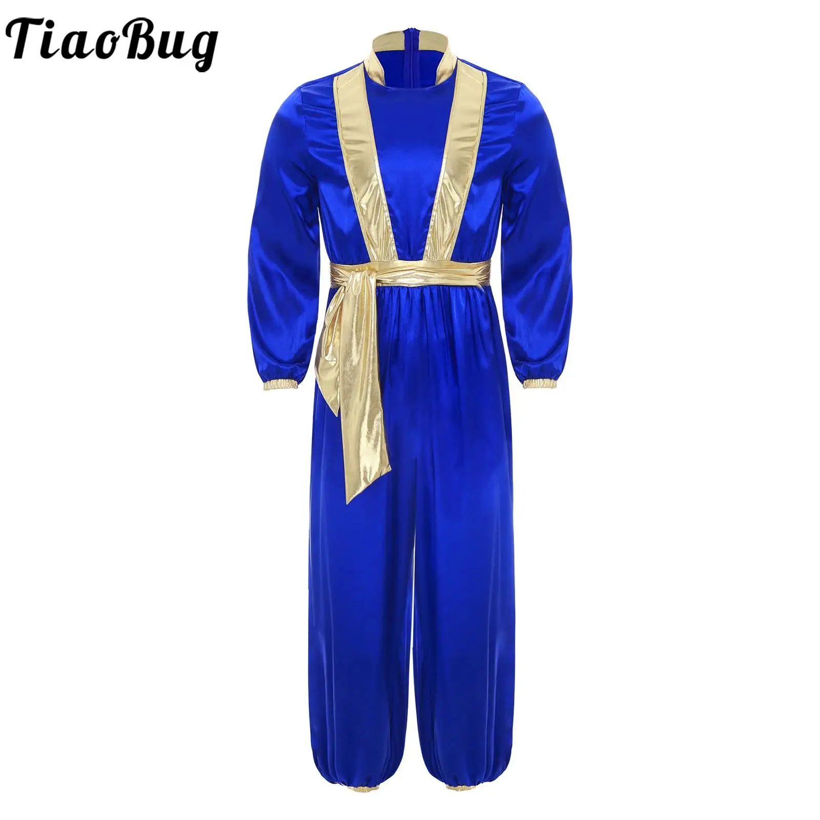 

Men Arabian Prince Costume Fairy Tale Cosplay Suits Halloween Costume Long Sleeves Back Zipper Shiny Metallic Arabian Jumpsuits