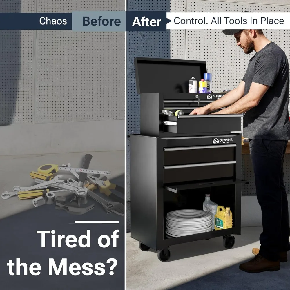 خزانة أدوات مع درج - صندوق أدوات مع محمل كروي وأدراج قابلة للتمديد بالكامل وأدوات تخزين المرآب