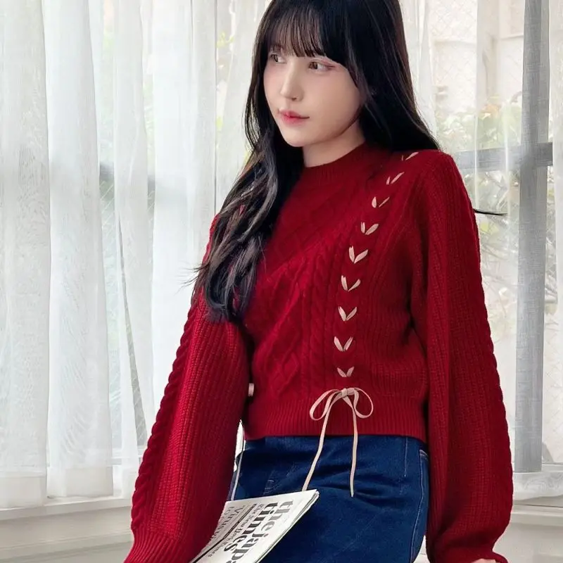 

Japanese Autumn Winter Sweet All-match Women Knitted Shirts Bow Bandage Round Neck Crop Pullover Top Twist Long Sleeve Sweaters
