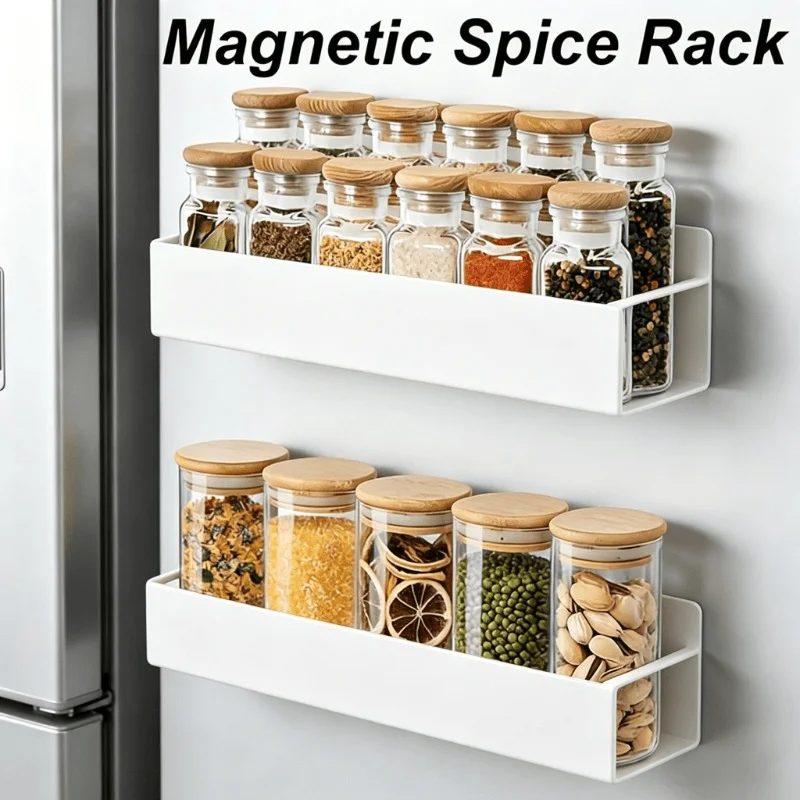 Weißes magnetisches Gewürzregal für Kühlschrank, seitliche Wandmontage, Organizer, Küchenaufbewahrungsbehälter, Waschkorb, Obstschale, Box