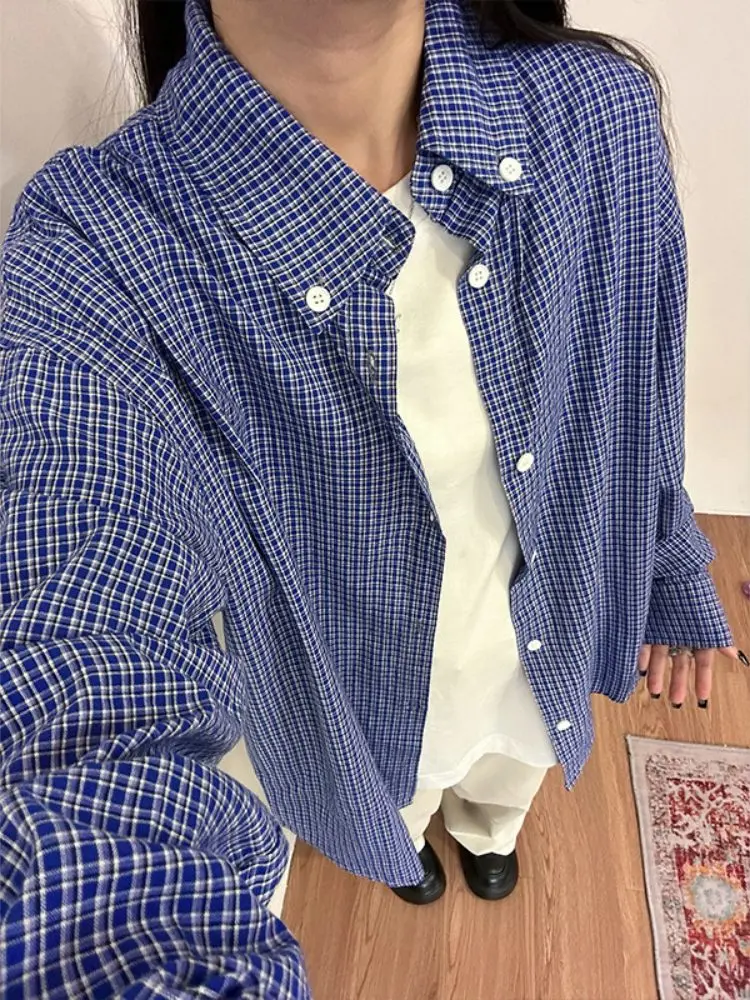 

Blue Plaid Long Sve irt Men's Spring Autumn Sle American Retro Outerwear Loose Fit Youth Trend Button Detail No Ironin...