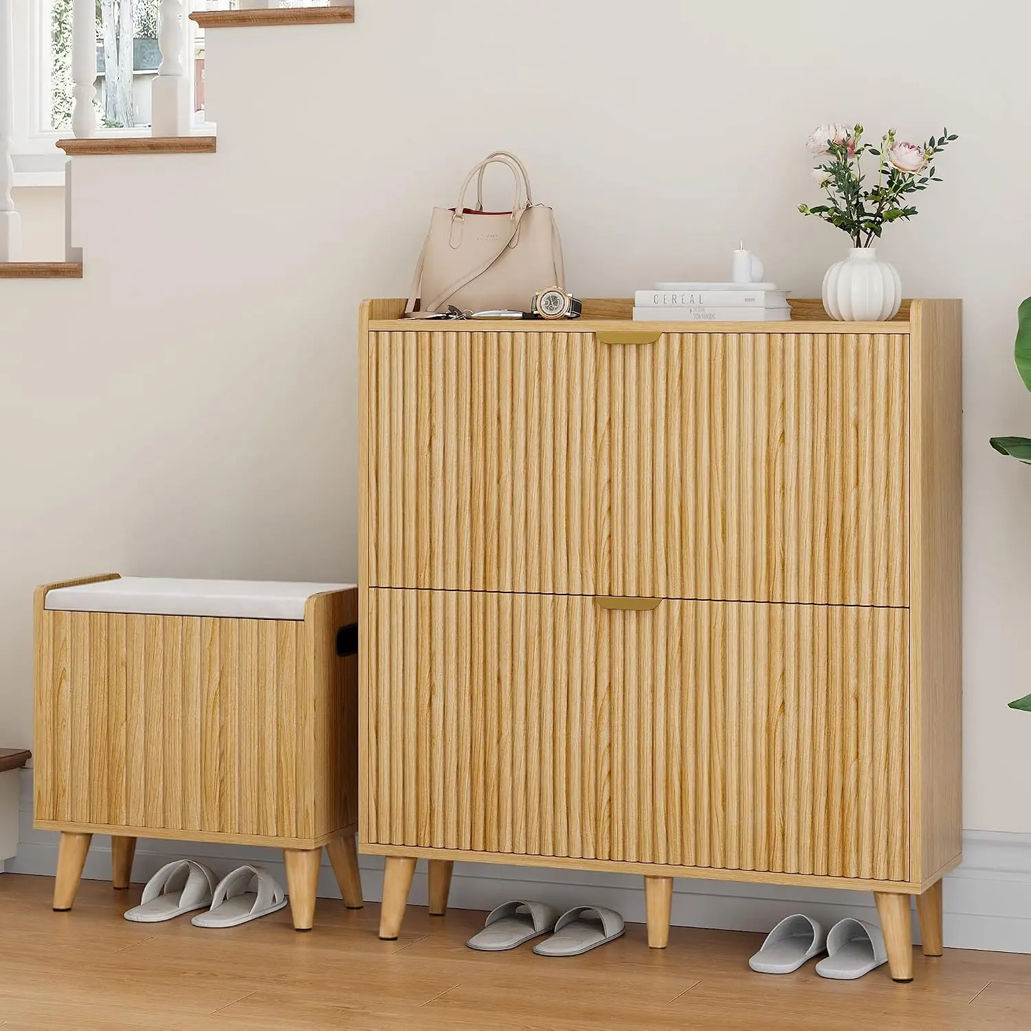 Fluted Shoe Cabinet with 2 Flip Drawers and Bench for Entryway, Wooden Hidden Shoe Storage Cabinet, Narrow Slim Shoe Storage
