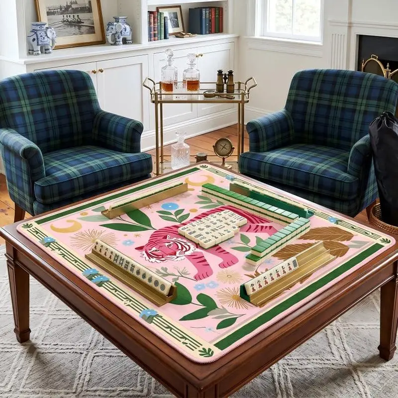 VIKAMA Vintage Floral Tiger Mahjong Mat Anti-slip Noise-Reducing Bohemian Durable Gaming Mat Living Room Card Game Home Decor