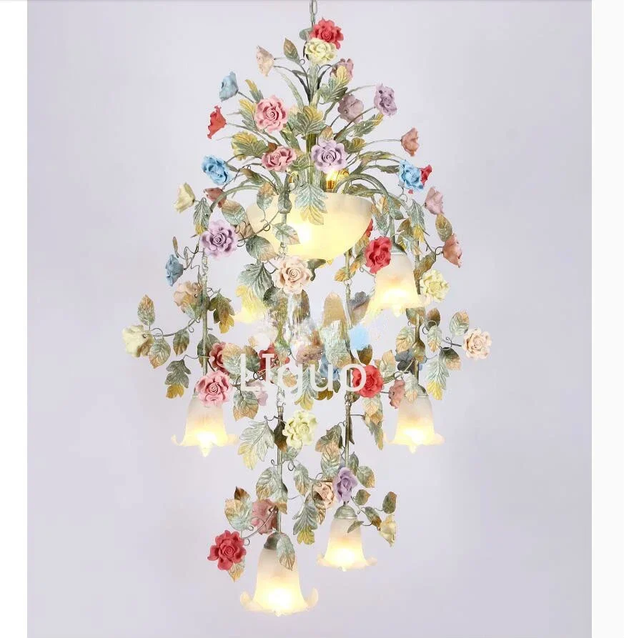 Art Floral Chandelier lamp Lustre Light 7L/10L Colorful Ceramic Rose Pendant Chandelier Light Fixture E14 LED AC Home Decoration