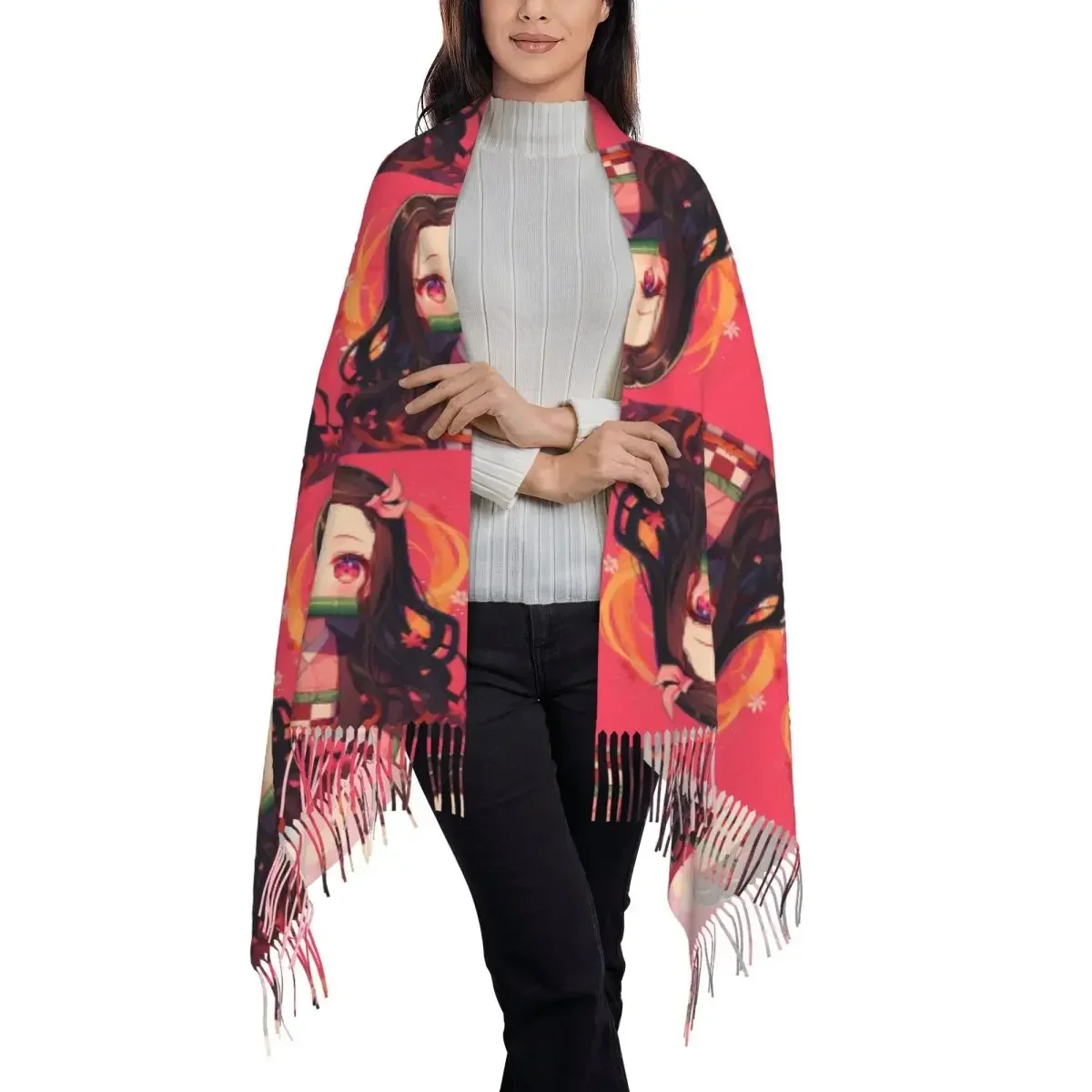 Nezuko Kimono Demon Slayer Kimetsu No Yaiba Anime Scarf Tassel Scarves for Women Warm Shawls and Wraps Fall Winter Shawl Wrap