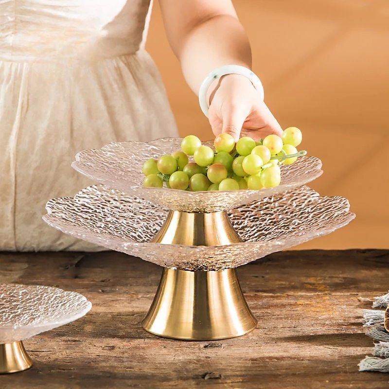 Light luxury high-legged glass fruit plate, brass base fruit plate, storage ornaments, ice pattern tableware storage 1PC