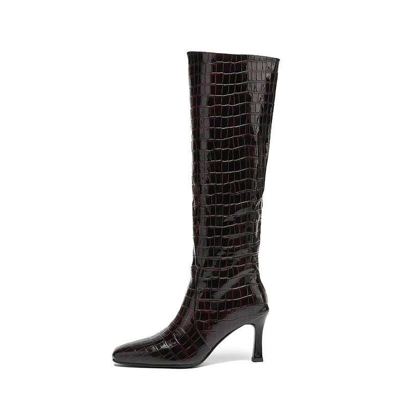 Women's Brown Square Toe Knee High Heeled Boots