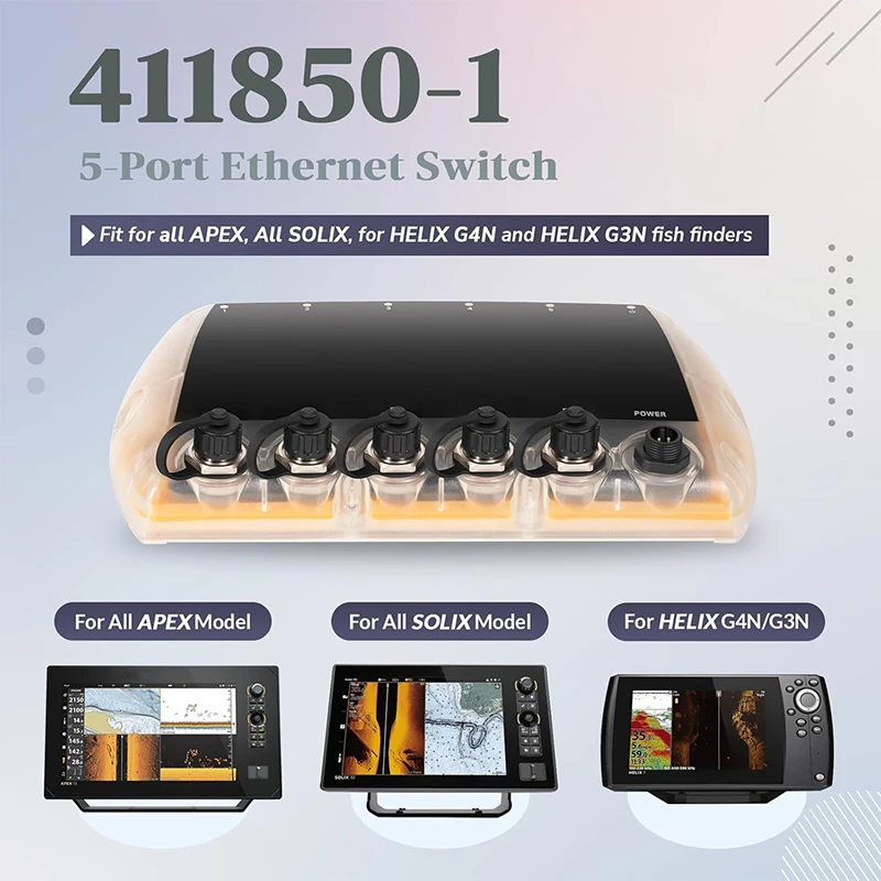 411850-1 5 Port Ethernet Switch Replace for Humminbird AS ETH 5PGL, Marine Network Hub for APEX,SOLIX,Helix G4N/G3N Fish Finders