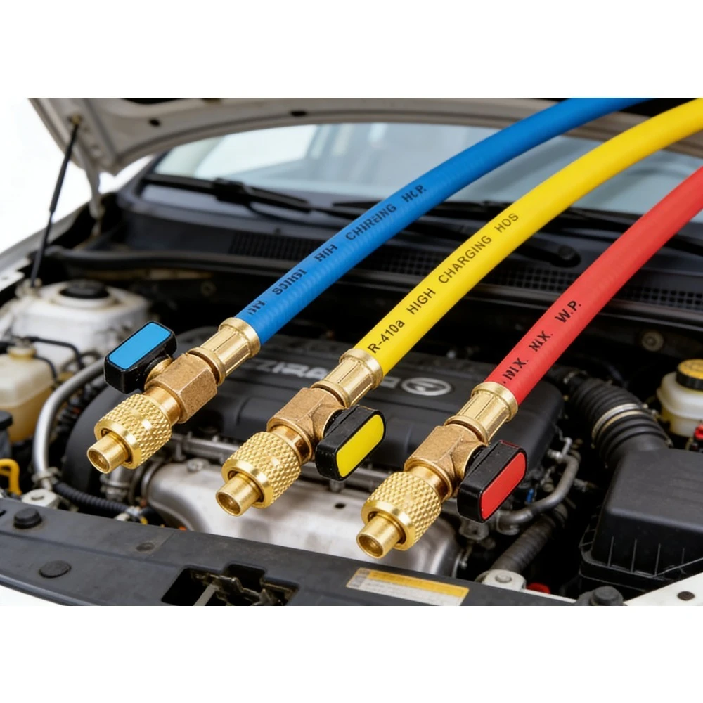 3pcs Brass R134a R410a 800PSI Manifold Gauge Set Shutoff Red Yellow Blue A/C Refrigeration Charging Hoses 19cm Length