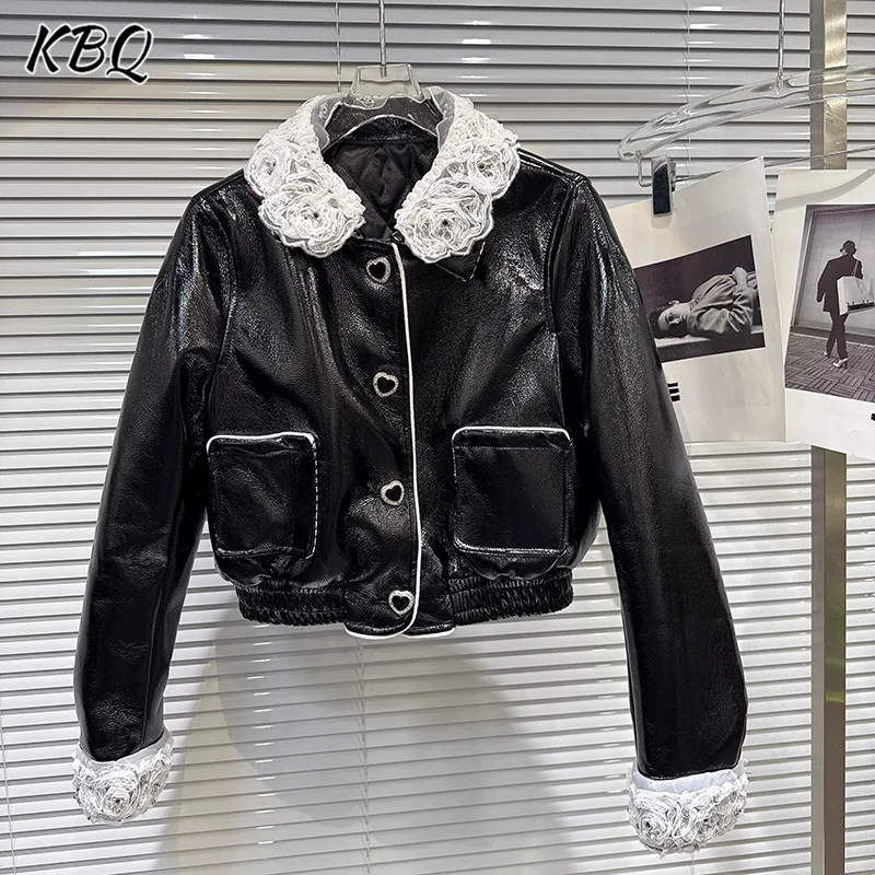 

KBQ Hit Color Spliced Lace Loose Biker Jacket for Women Laple Long Sleeve Pat Chwork Love Button Cotton Jacket Female Fashion