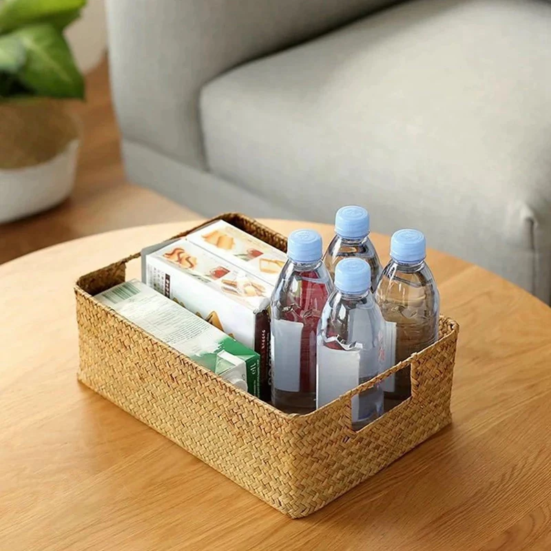 2X Hand-Woven Rectangular Rattan Wicker Storage Basket Fruit Tea Snack Bread Picnic Basket Cosmetic Storage Box -XL