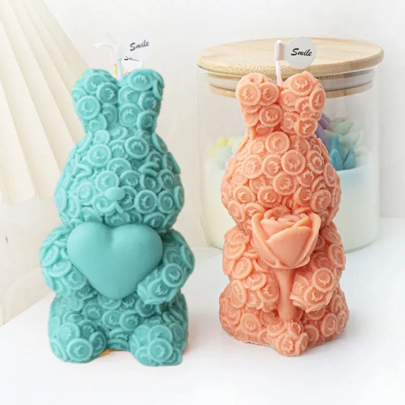 3D Rose Love Rabbit Candle Silicone Mold Money Euro Coin Bunny Craft Aromatherapy Candle Gypsum Mould Chocolate Tool Decor Gifts