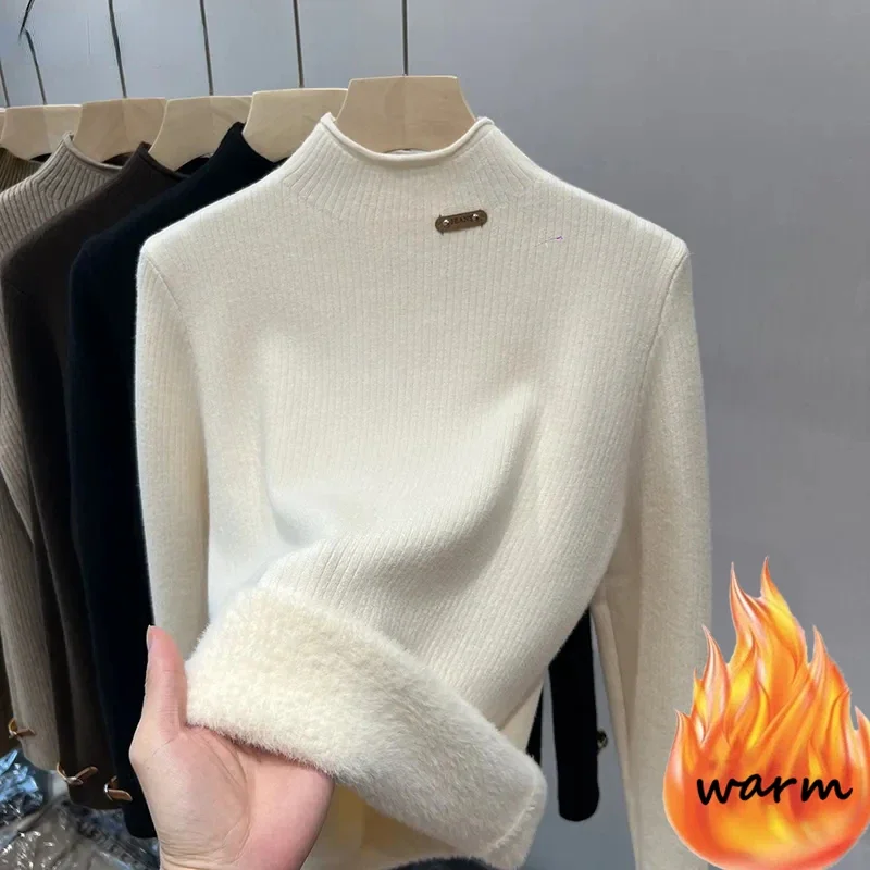 

Half High Collar Plus Velvet Slim Warm Pullover Sweater Women Solid All-match Soft Knitted Sweater Korean Fashion Soft Top N506