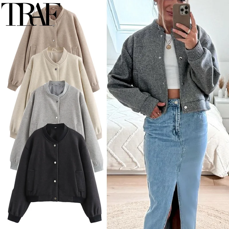 TRAF Cropped Bomber Jackets For Women Autumn Long Sleeve Baseball Jacket Woman Fashion Winter Button Aviator Jackets Streetwear