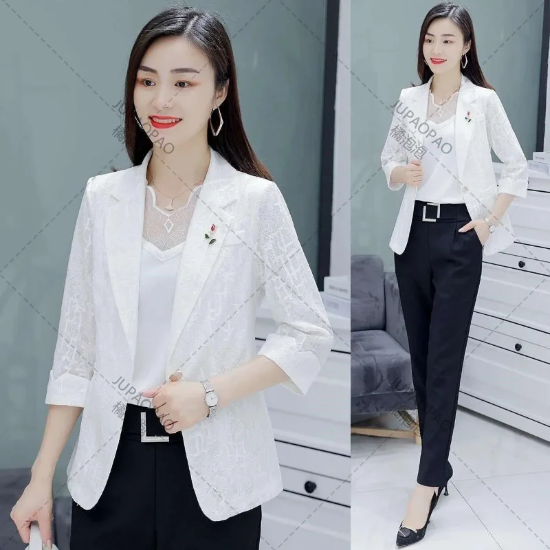 

Three Quarter Sleeve Solid Color Patchwork Notched Lace Button Blazers Spring Autumn Thin Office Lady Women's Clothing Formal