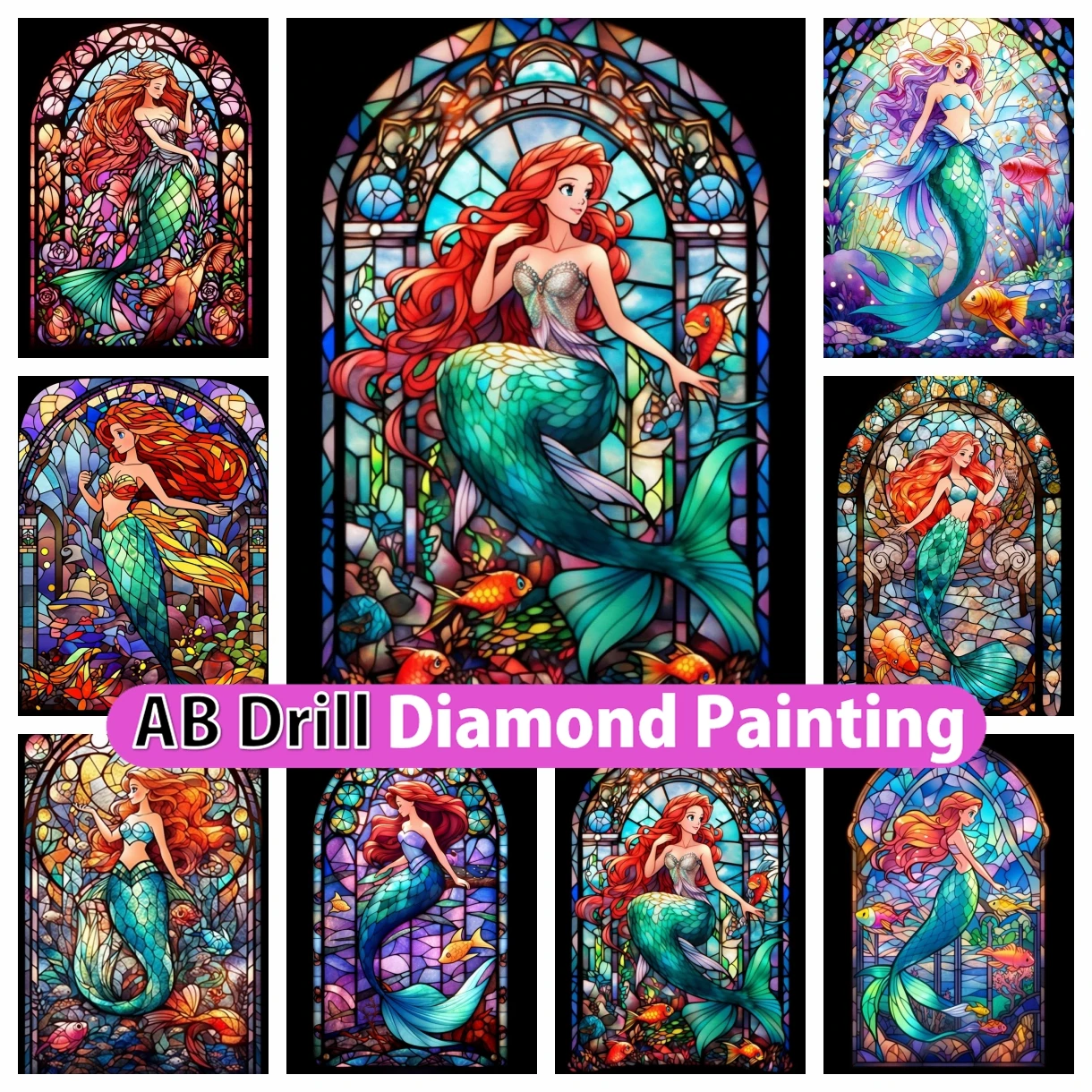 

Stained Glass The Little Mermaid 5D DIY AB Diamond Painting Mosaic Cartoon Cross Stitch Embroidery Home Decor Children's Gift