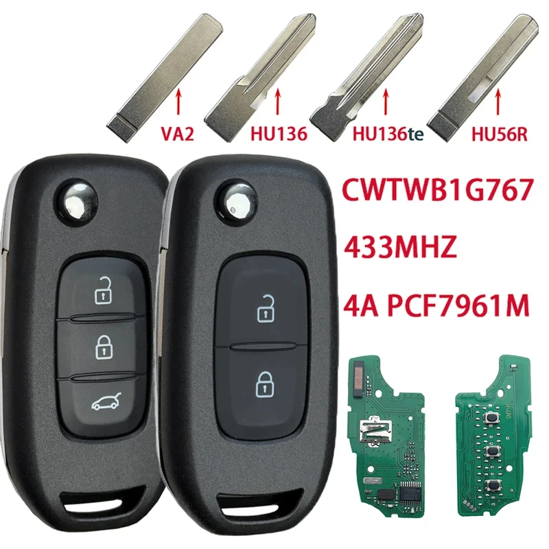 

For Renault megane3 logan2 Kadjar Captur symbol Dacia Duster 4A chip 433MHz pcf7961m smart flip car key cwtwb1g767