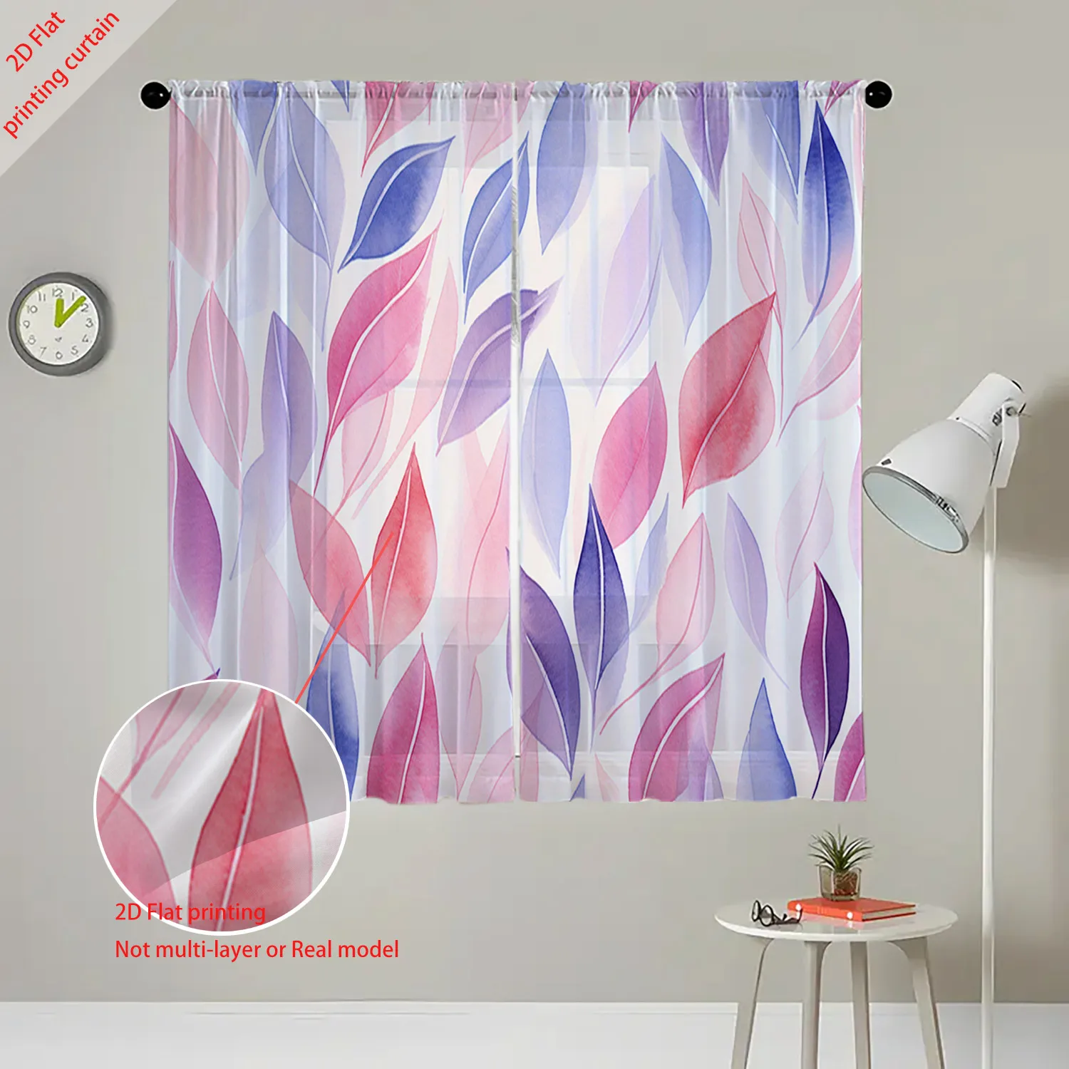 Leaf Printed Gauze Curtain Transparent Semi-Privacy Sheer Window Treatment for Office Bedroom Living Room Balcony Home Decor